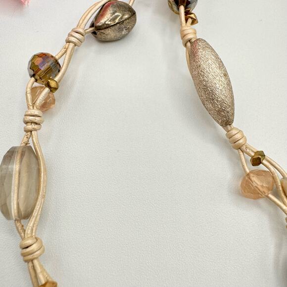 Nakamol Knotted Pearlized Leather Glass Bead Necklace Gray Tones Neutral Boho - Picture 5 of 14